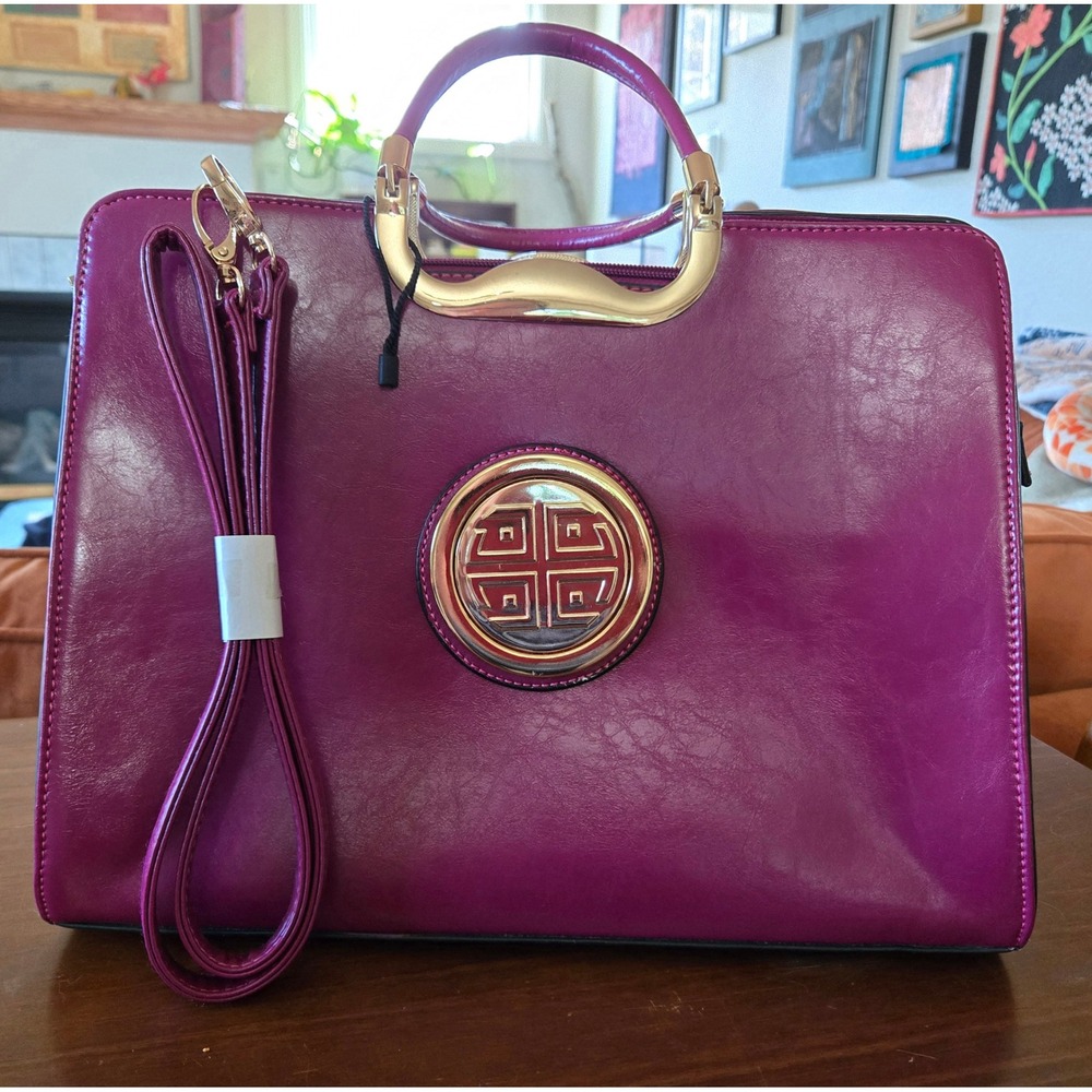 Chic Magenta Vegan Leather Satchel Handbag Gold Hardware Medallion Crossbody